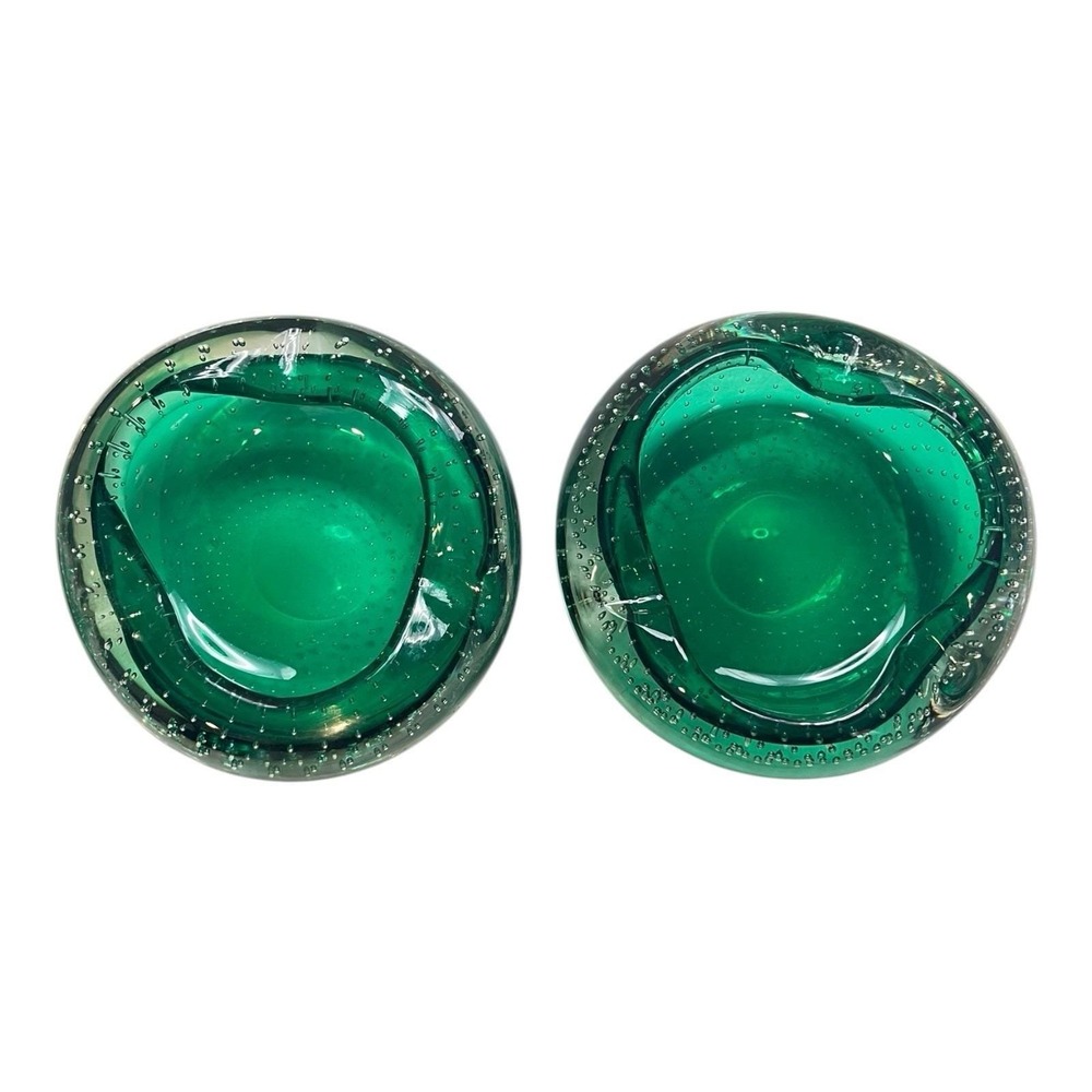 Set of 2 Carl Erickson Green and White Glass with Controlled Bubbles Design